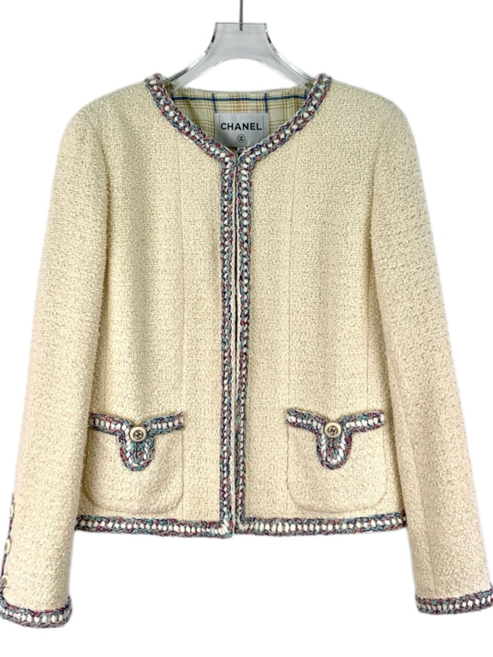 Chanel Beige Cotton-Blend Tweed Long-Sleeve "Little Chanel" Jacket with Piping